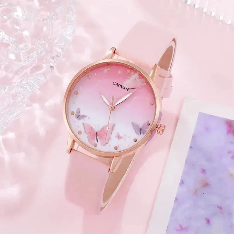 Cheky - 6PCS Set Women Fashion Quartz Watch Female Clock Pink Butterfly Dial Luxury Brand Design Ladies Leather Wrist Watch Montre Femme