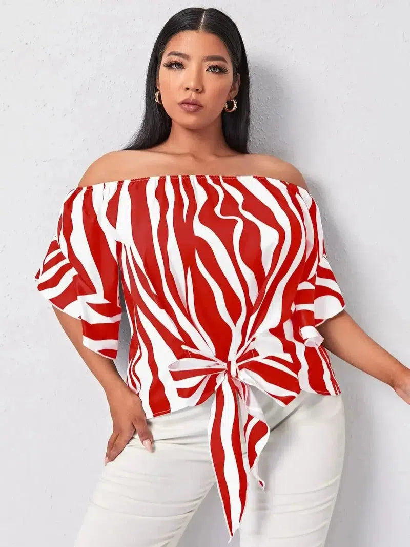 Cheky - Finjani Red Panel Blouse Barrel Neck Bell Sleeves Striped Tops Loose Lace up Elegant Plus Size Women's Blouses