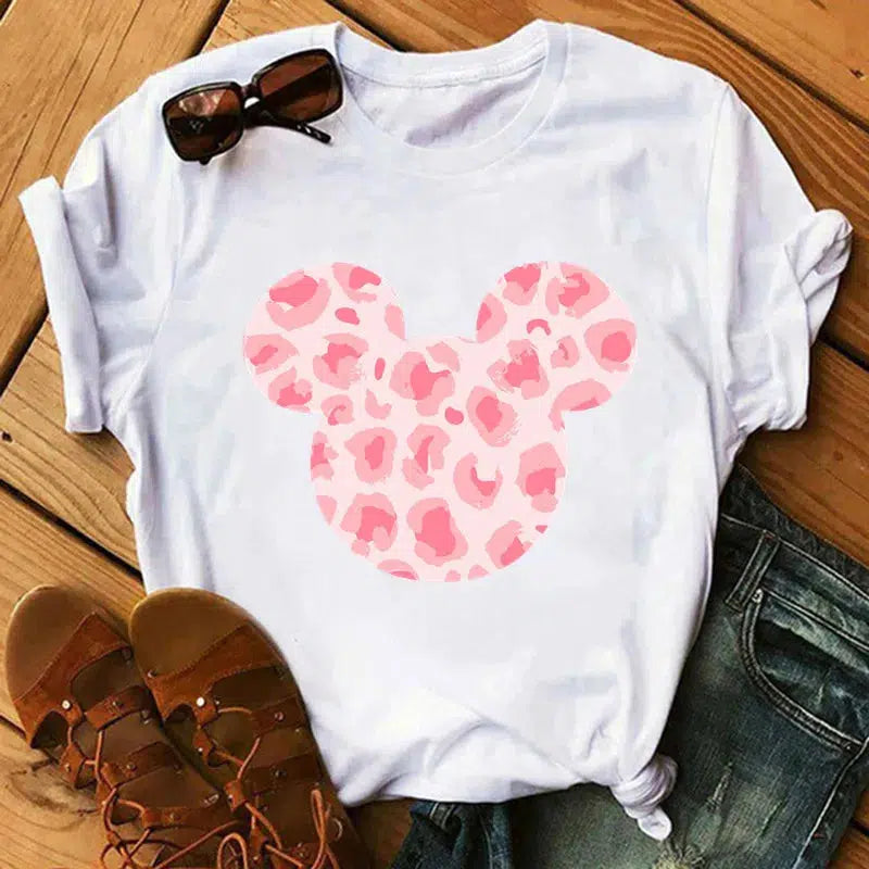 Cheky - Disney T Shirt Women Flower Minnie Mouse Clothes Leopard Print Kawaii T-Shirt Summer Tops Harajuku Black Women Tees