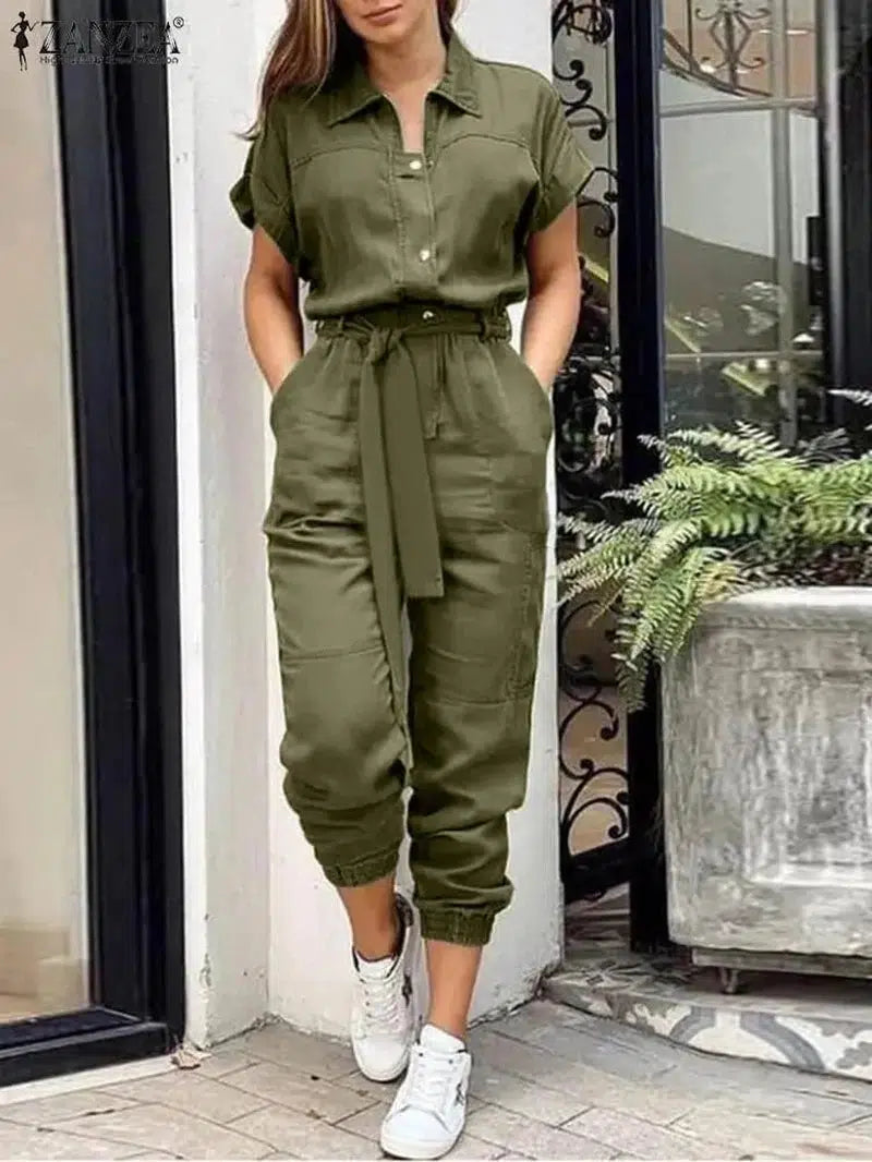 Cheky - Summer Fashion OL Work Jumpsuit Vintage Cargo Rompers Woman Lapel Neck Short Sleeve Playsuits Elegant Party Overall