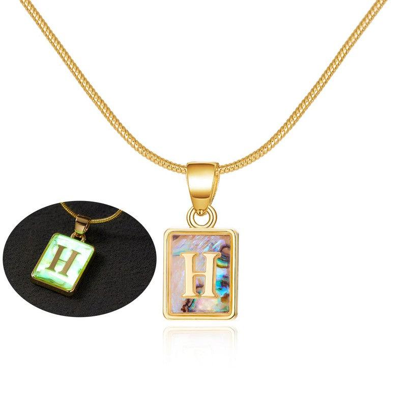 Cheky - 26 Letter Square Necklace Colorful Shell Luminous Pendant Chain Necklace For Women Temperament Ladies Jewelry