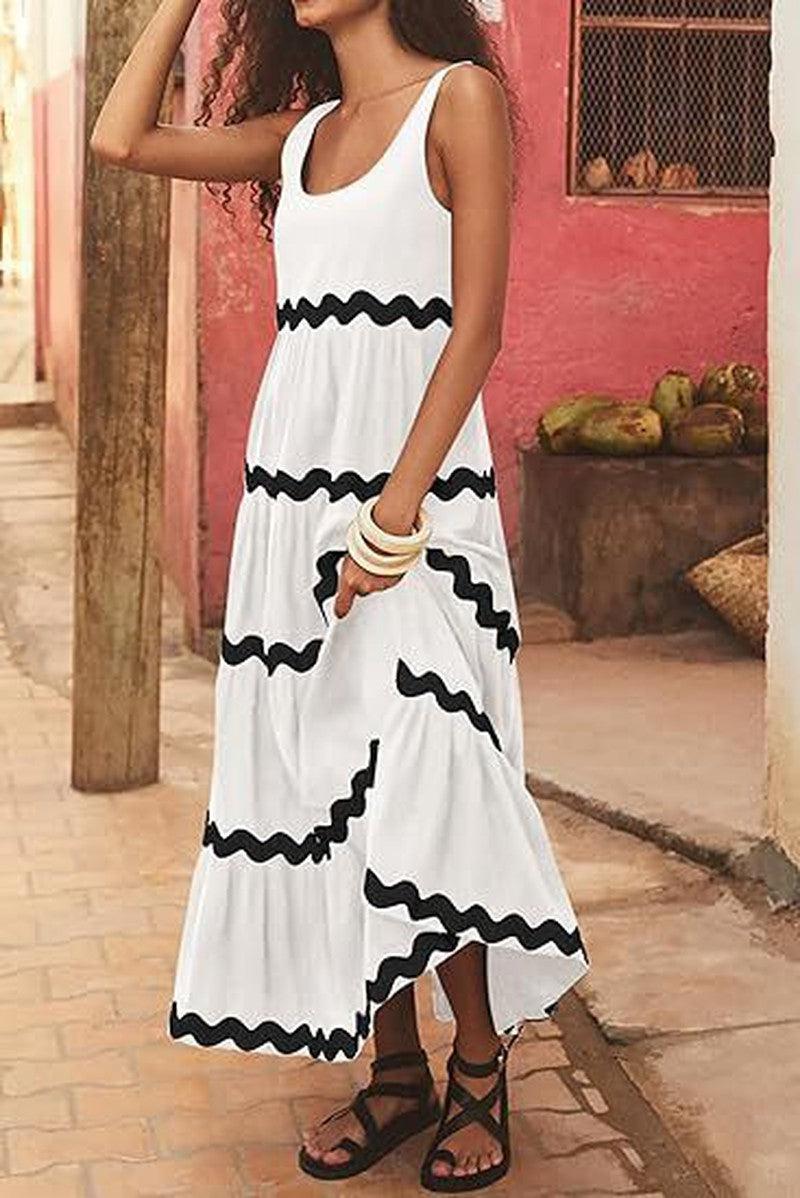 Cheky - U-neck Wavy Print Long Dress Sleeveless Solid Color A-line Dress Summer Womens Clothing