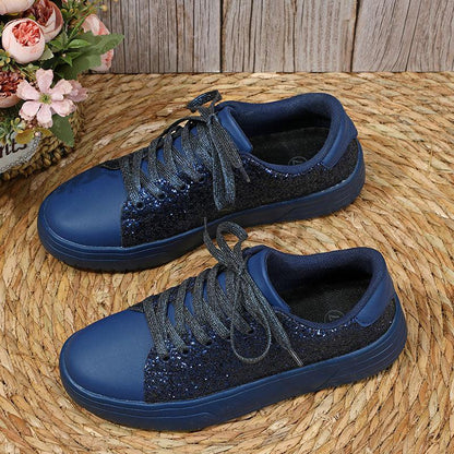 Cheky - Glitter Sequin Design Flats Shoes Women Trendy Casual Thick-soled Lace-up Sneakers Fashion Skateboard Shoes