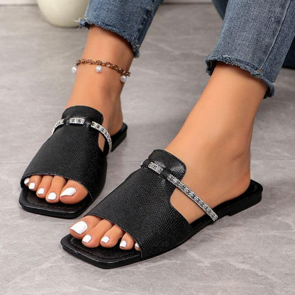 Cheky - Fashion Rhinestone Strap Design Sandals Summer New Square Toe Low Heel Slippers For Women Slides Casual Beach Shoes