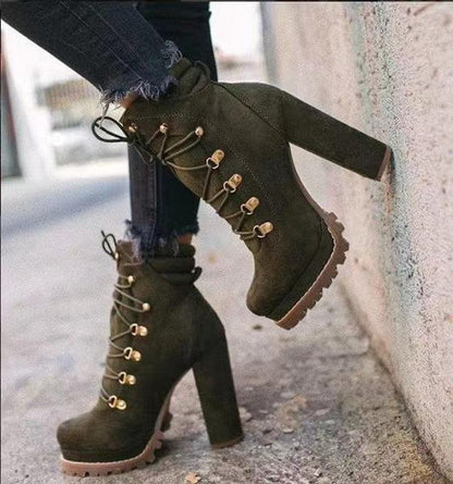 Cheky - Heeled Boots For Women Round Toe Lace UP High Heels Boots Mid Calf Shoes