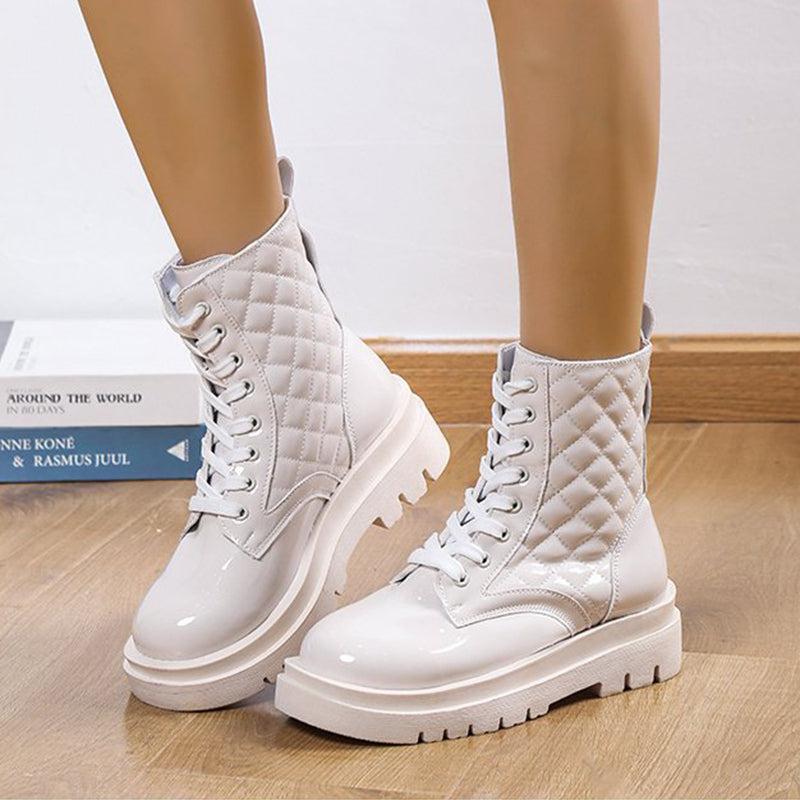 Cheky - Lace-up Thick-heeled Boots Winter Casual Round Toe Platform Ankle Boots Women Fashion Quilted Pattern Minimalist Motorcycle Shoes