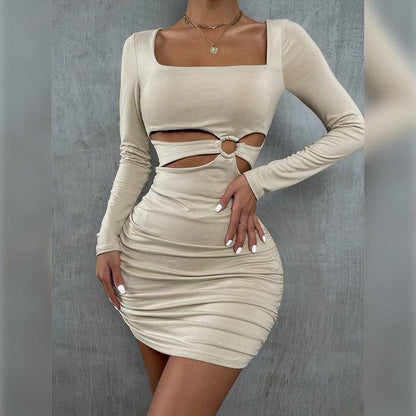 Cheky - Sexy Square Neck Long Sleeve Dress