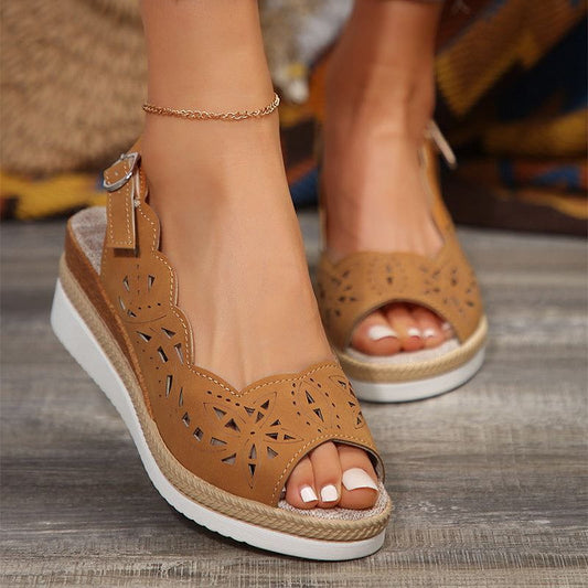 Cheky - New Fish-mouth Wedge Sandals Summer Thick-soled Hollow Buckle Roman Shoes For Women