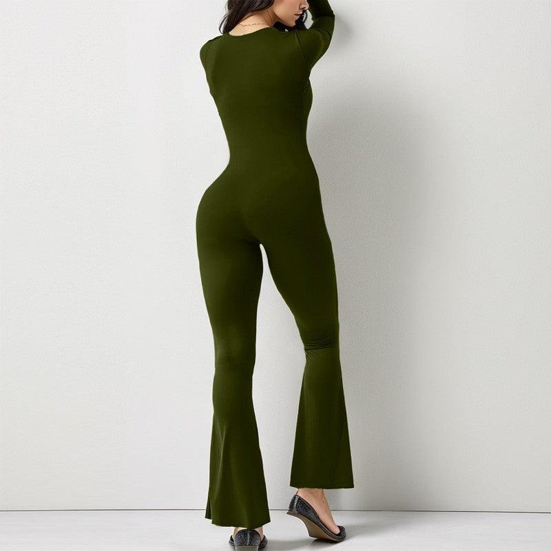 Cheky - Women Long Sleeve Belly Waist Shaping And Hip Lift Square Collar Wide Leg High Elastic Jumpsuit