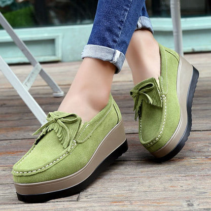 Cheky - New Tassel Bow Design Shoes For Woman Fashion Thick Bottom Wedges Shoes Casual Slip On Solid Color Flats