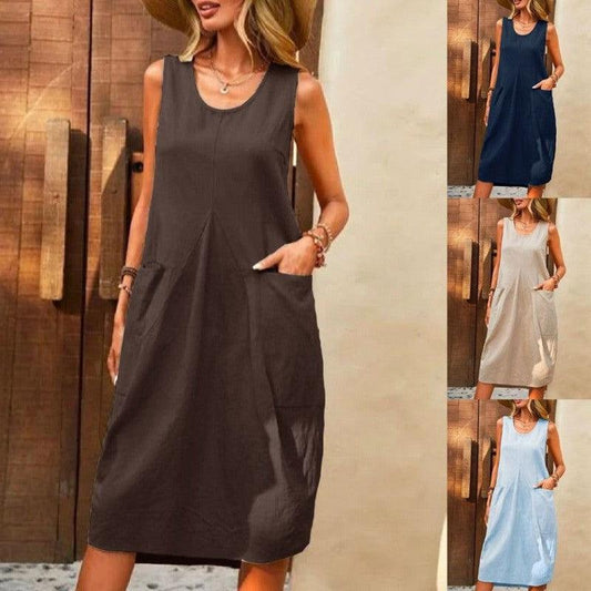 Cheky - Sleeveless U-neck Dress With Pockets Design Casual Solid Color Loose Dresses Summer Fashion Womens Clothing