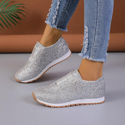 Cheky - Gold Sliver Sequined Flats New Fashion Casual Round Toe Slip-on Shoes Women Outdoor Casual Walking Running Shoes