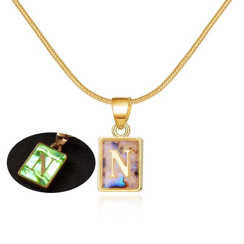 Cheky - 26 Letter Square Necklace Colorful Shell Luminous Pendant Chain Necklace For Women Temperament Ladies Jewelry