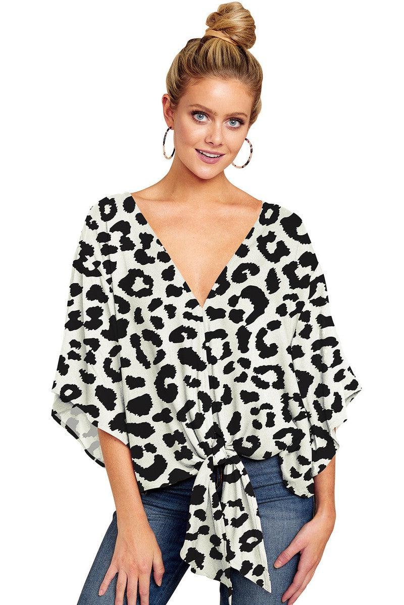 Cheky - New V Neck Blouse Women Leopard Print Shirts Floral Tie Front Blouses Batwing Summer Oversize Ladies Tops