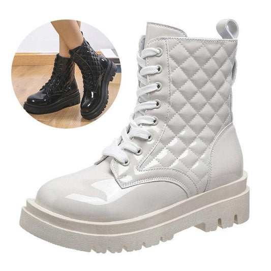 Cheky - Lace-up Thick-heeled Boots Winter Casual Round Toe Platform Ankle Boots Women Fashion Quilted Pattern Minimalist Motorcycle Shoes