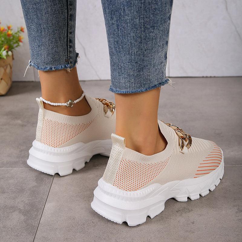 Cheky - Fashion Chain Design Mesh Shoes For Women Breathable Casual Soft Sole Walking Sock Slip On Flat Shoes