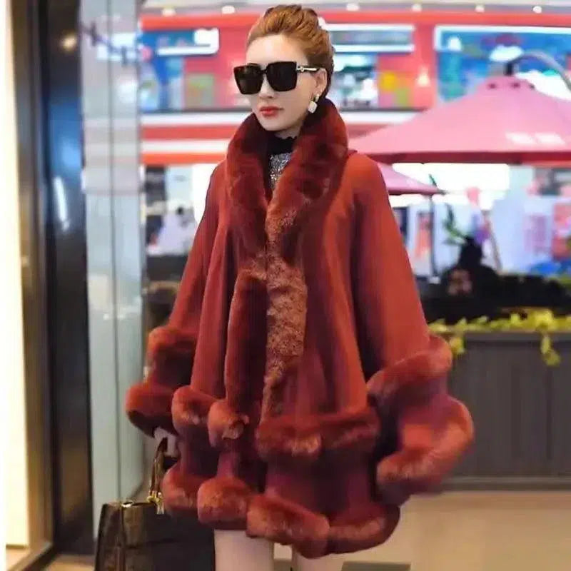 Cheky - Autumn And Winter New Style Fox Fur Hooded Cape Cape Ladies