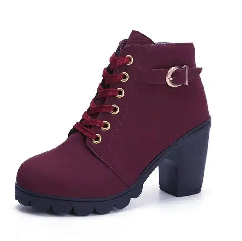 Cheky - Cuculus New Spring Winter Women Boots High Quality Solid Lace-up European Ladies shoes PU Fashion high heels Boots 656