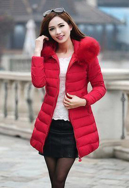 Cheky - Fur collar mid-length thick down cotton