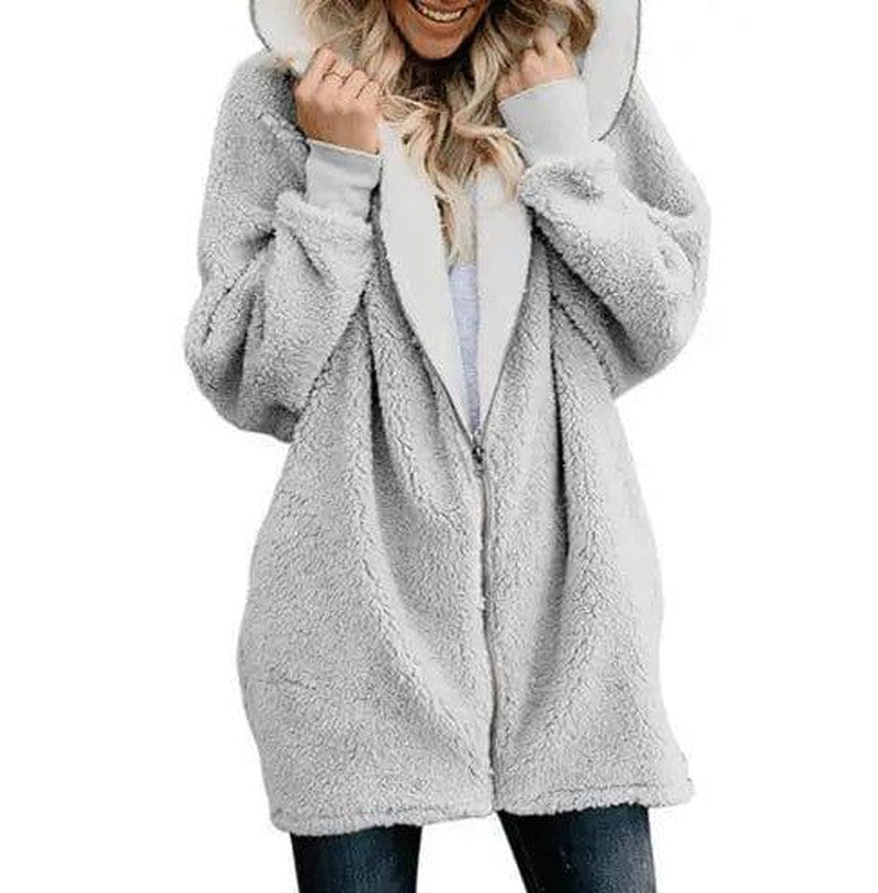 Cheky - Hooded zipper cardigan fur coat plush sweater