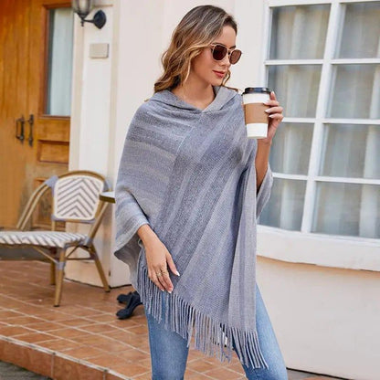 Cheky - Knitted Tassel Shawl Cape Women