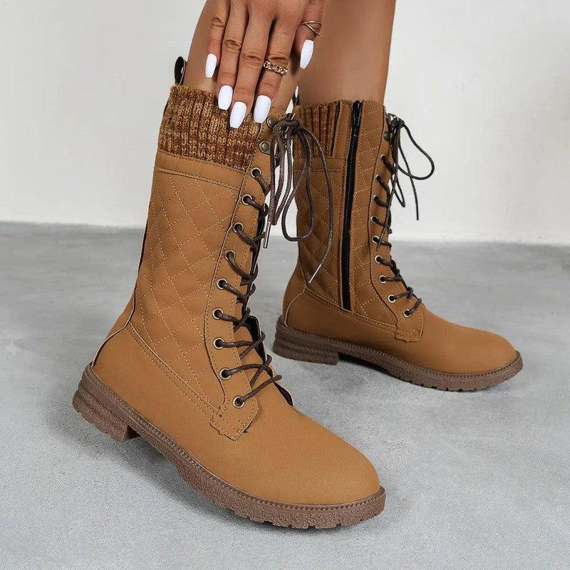 Cheky - Lace Up Boots Winter Cowboy Boots Women Block Heel Round Toe Shoes