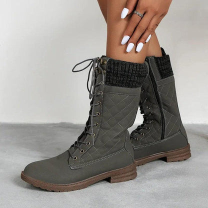 Cheky - Lace Up Boots Winter Cowboy Boots Women Block Heel Round Toe Shoes