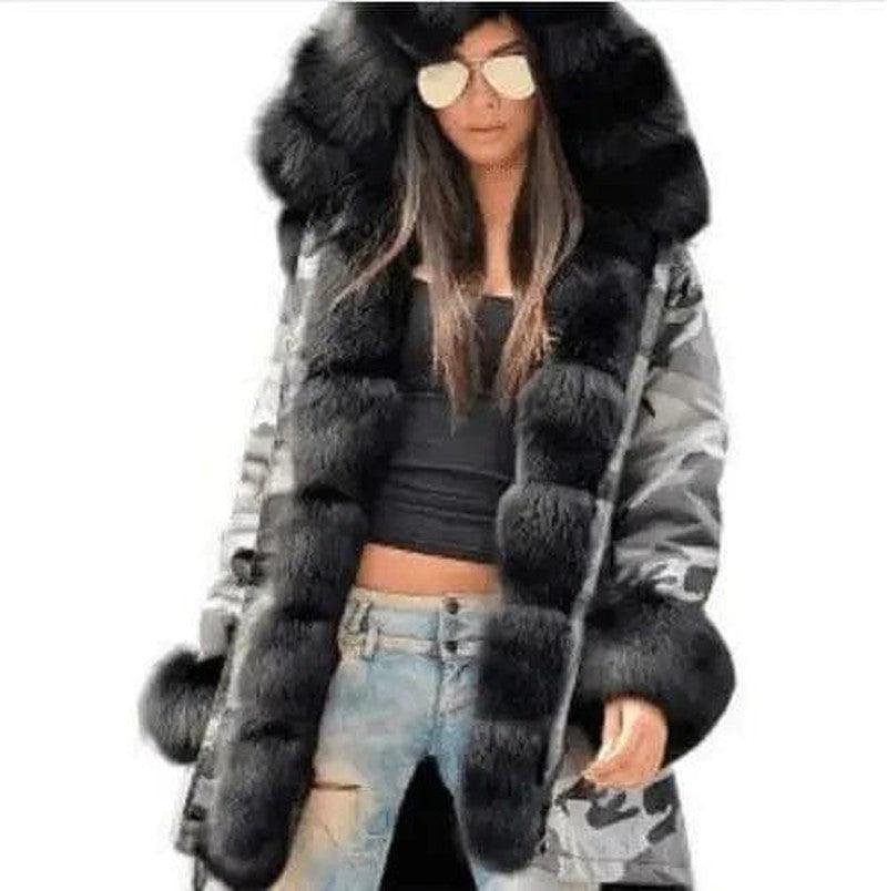 Cheky - Large fur collar warm coat long hooded coat cotton coat