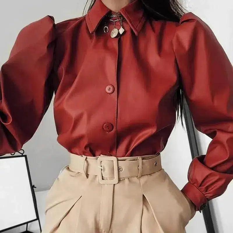 Cheky - Long Puff Sleeve Turn Down Collar Women Leather Shirt