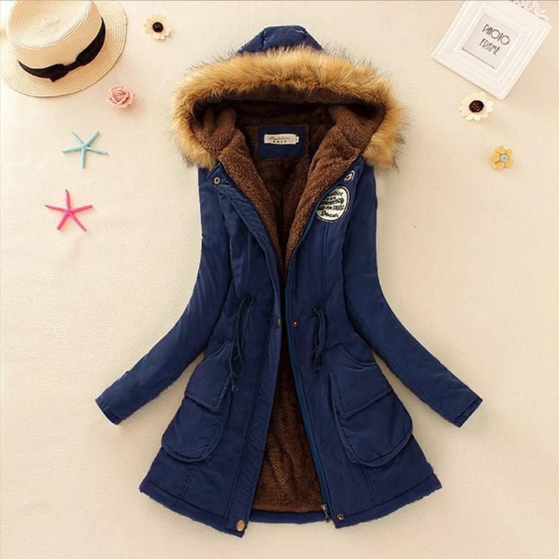 Cheky - Long Women's Cotton-Padded Jacket With Wool Collar