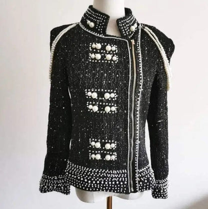 Cheky - Pearl sequins heavy beaded shoulder pearl tassel jacket