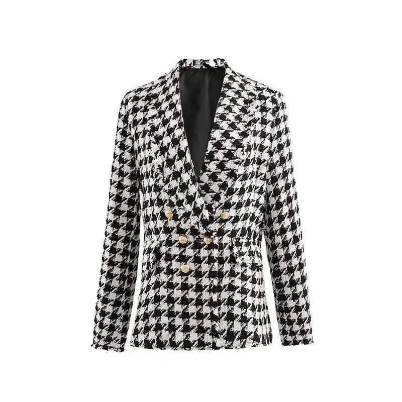 Cheky - Houndstooth jacket women autumn retro thick plaid jacket