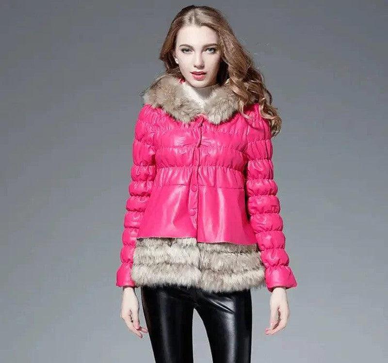 Cheky - New Haining fur coat female Slim PU leather hooded raccoon