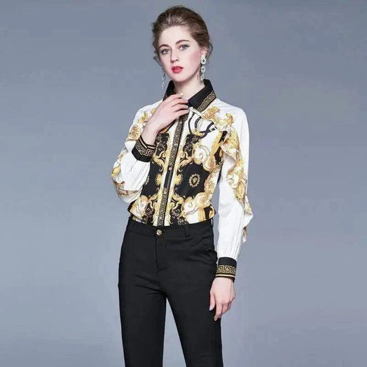 Cheky - New Retro Palace Print Ruffled Slim-fit Fashion Print Shirt