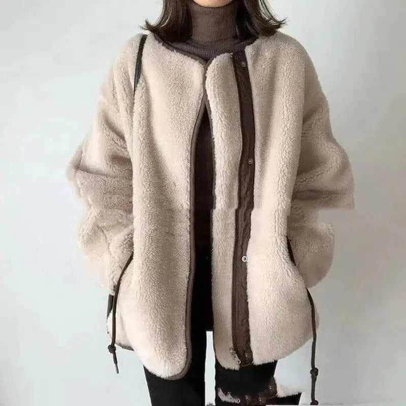 Cheky - Plush Stitching Round Neck Zipper Loose Long Sleeve Fashion