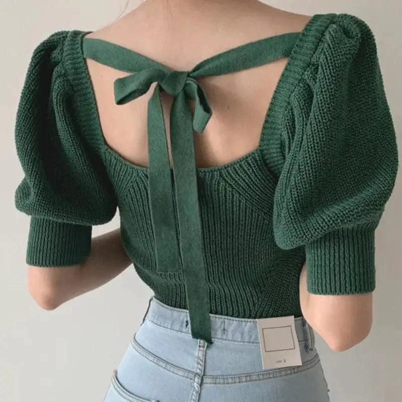 Cheky - Sexy Hollow Halter Strap Carefully Slim Puff Sleeve Sweater