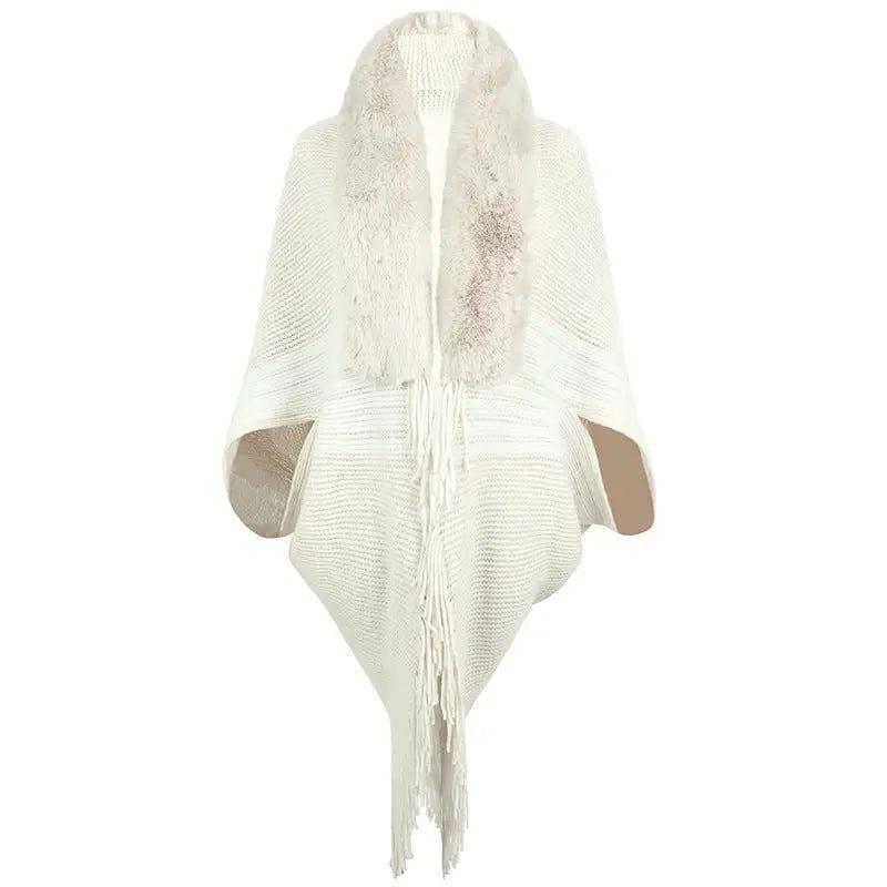 Cheky - Tassel Cape And Shawl Women's Striped Fur Collar Scarf