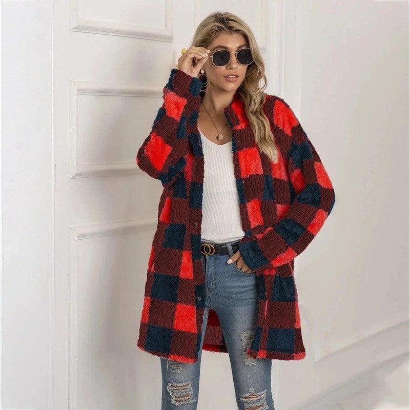 Cheky - Women's Long-sleeved Plaid Print Mid-length Shirt Jacket