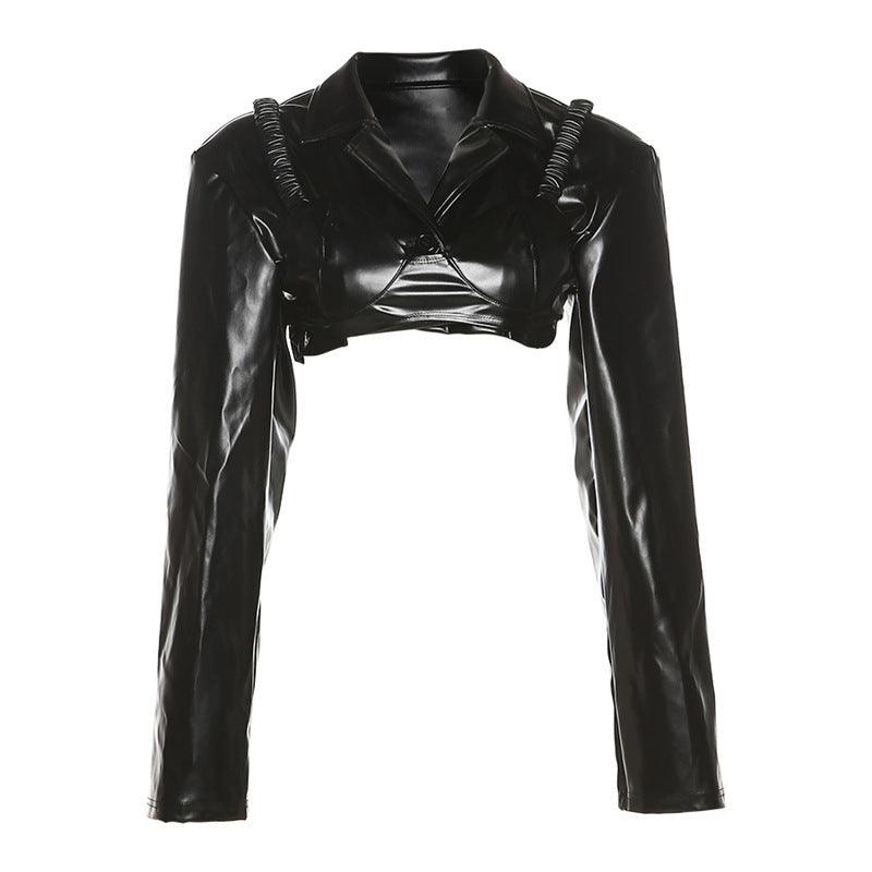 Cheky - Women's New Style Long-sleeved Lapel Umbilical Slimming PU Leather Top